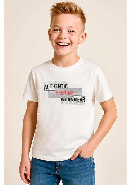 Erkek Çocuk Tişört Yansıma Efekti Yazı Baskılı 8-14 Yaş, Ekru