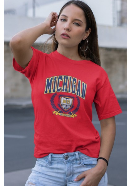 Mıchıgan 1817 Baskılı / Kadın Çok Renkli T-Shirt %100 Pamuk Regular Fıt Rahat Kalıp
