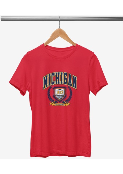 Mıchıgan 1817 Baskılı / Kadın Çok Renkli T-Shirt %100 Pamuk Regular Fıt Rahat Kalıp fiyatları