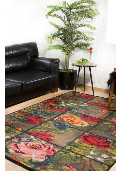 Manitoba Yeşil Patchwork Etnik Modern Desenli Makinada Yıkanabilir Hav Toz Vermez Leke Tutmayan Kaymaz Taban Dijital Makine Baskı Salon Yolluk Mutfak Halı fırsatları