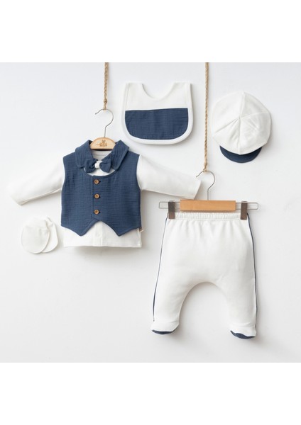 7048 Mnz Marka Yelek Detaylı Müslin Yeni Doğan Hastane Çıkışı Erkek 5'li Set