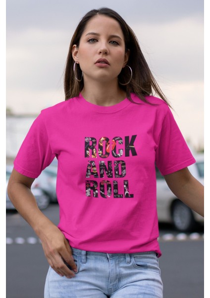 Rock And Roll Baskılı / Kadın Çok Renkli T-Shirt %100 Pamuk Regular Fıt Rahat Kalıp