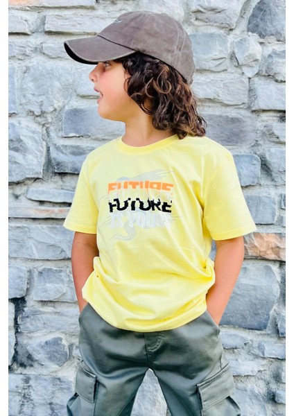 GİRLS & BOYS Erkek Çocuk Tişört Renkli Yazı Baskılı 8-14 Yaş, Sarı