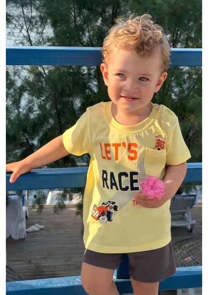Erkek Çocuk Tişört Yarış Temalı Yazı Baskılı Cepli 2-6 Yaş, Sarı