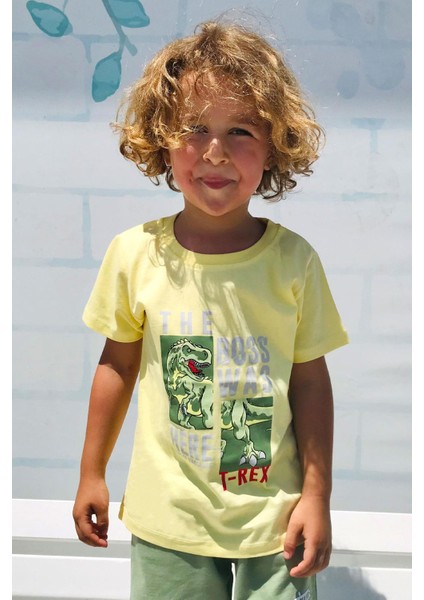 Erkek Çocuk Tişört Güçlü Dinozor Baskılı 1.5-5 Yaş, Sarı