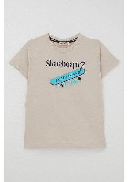 Erkek Çocuk Tişört Skateboard Baskılı 8-12 Yaş, Bej
