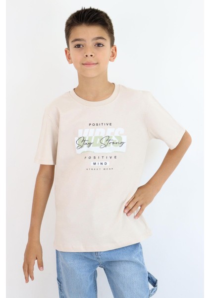 Erkek Çocuk Tişört Motivasyon Temalı & Sırt Kısmı Yazı Baskı Detaylı 9-16 Yaş, Bej