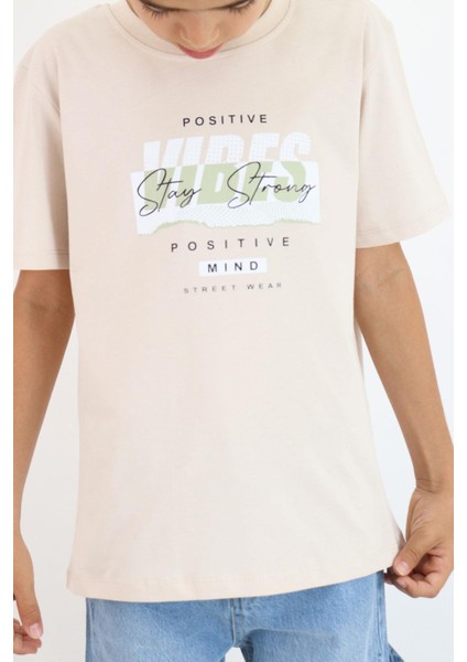 Erkek Çocuk Tişört Motivasyon Temalı & Sırt Kısmı Yazı Baskı Detaylı 9-16 Yaş, Bej fırsatları