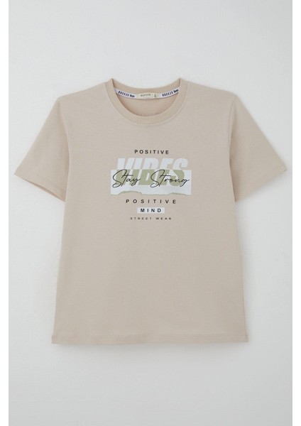 Erkek Çocuk Tişört Motivasyon Temalı & Sırt Kısmı Yazı Baskı Detaylı 9-16 Yaş, Bej indirimleri
