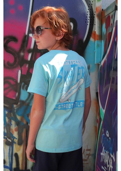 Erkek Çocuk Tişört Skateboard Baskılı 8-12 Yaş, Açık Mavi fiyatları