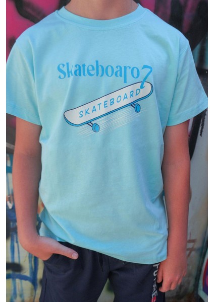 Erkek Çocuk Tişört Skateboard Baskılı 8-12 Yaş, Açık Mavi modelleri