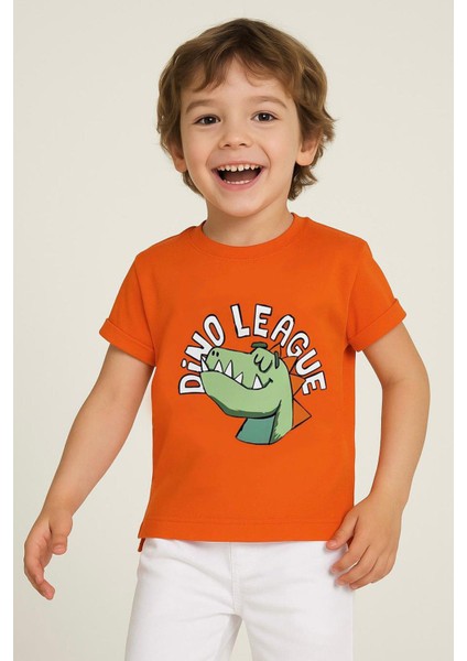 Erkek Çocuk Tişört Lig Yıldızı Dinozor Baskılı 2-6 Yaş, Turuncu