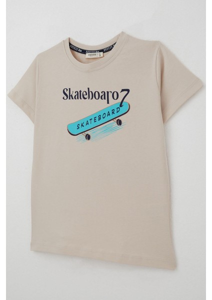 Erkek Çocuk Tişört Skateboard Baskılı 8-12 Yaş, Bej modelleri