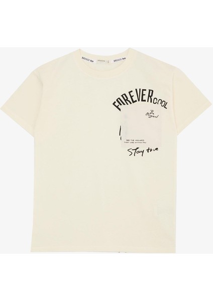 Erkek Çocuk Tişört Yazı Bakılı Cepli 9-14 Yaş, Krem modelleri