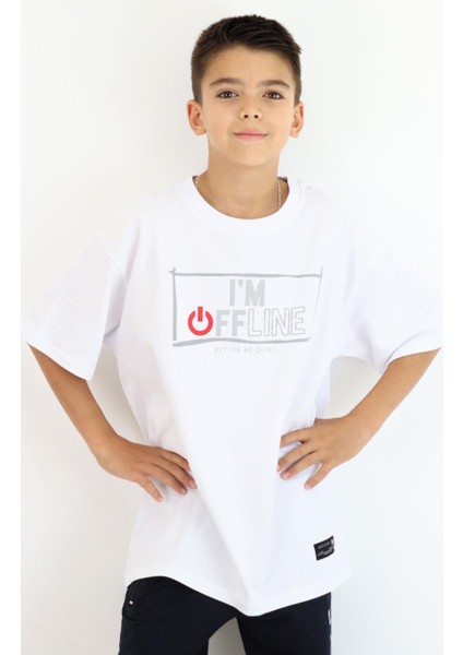 Erkek Çocuk Tişört Offline / Çevrimdışı Yazı Baskılı 9-14 Yaş, Beyaz
