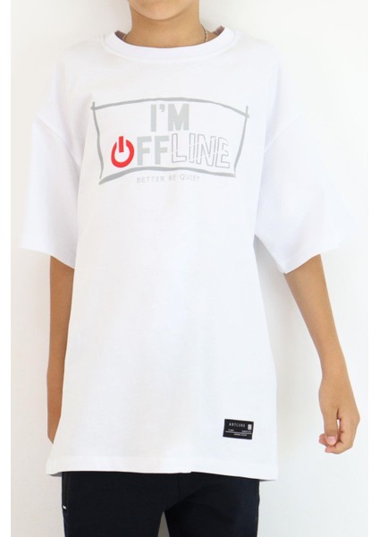 Erkek Çocuk Tişört Offline / Çevrimdışı Yazı Baskılı 9-14 Yaş, Beyaz fiyatları
