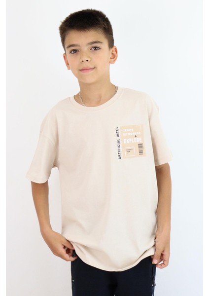 Erkek Çocuk Tişört Webi Keşfet Temalı 9-14 Yaş, Bej