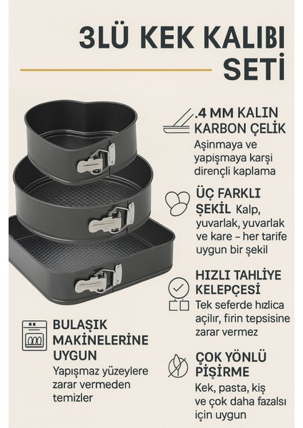 Karbon Çelik 3 Parça Kalp Yuvarlak Kare Kelepçeli Kek Kalıbı CIN798SY