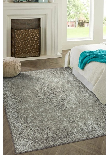 Praia De Santa Maria Klasik Gri Polyester Daire Modern Desenli Pamuk Makinada Yıkanabilir Hav Toz Vermez Leke Tutmayan Kaymaz Taban Dijital Makine Baskı Salon Yolluk Mutfak Halı