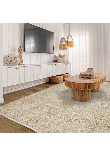 Bej Klasik Etnik Modern Desenli Pamuk Makinada Yıkanabilir Hav Toz Vermez Leke Tutmayan Kaymaz Taban Dijital Makine Baskı Salon Yolluk Mutfak Halı modelleri