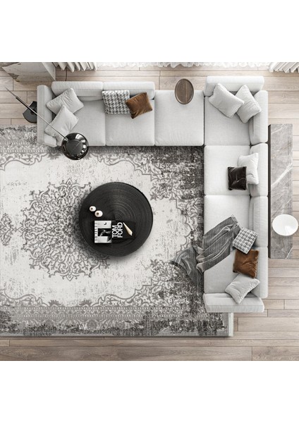 Gri Klasik Etnik Modern Desenli Pamuk Makinada Yıkanabilir Hav Toz Vermez Leke Tutmayan Kaymaz Taban Dijital Makine Baskı Salon Yolluk Mutfak Halı modelleri