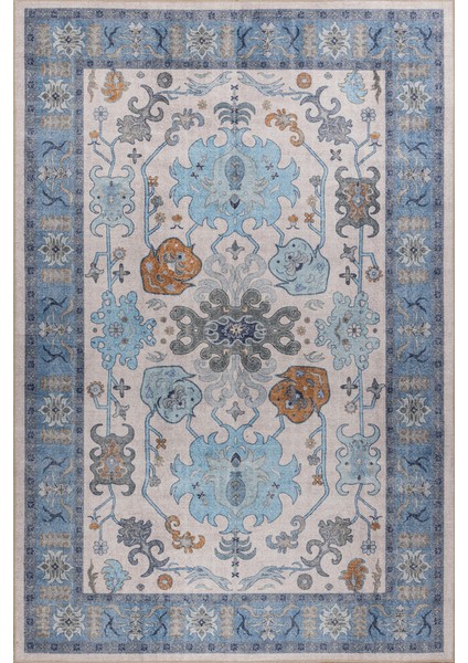 Makarska Çerçeveli Mavi Polyester Dikdörtgen Modern Desenli Pamuk Makinada Yıkanabilir Hav Toz Vermez Leke Tutmayan Kaymaz Taban Dijital Makine Baskı Salon Yolluk Mutfak Halı fiyatları