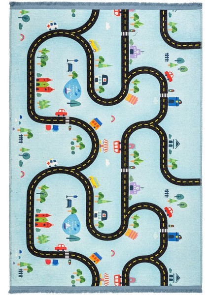 Almelo Çocuk Mavi Polyester Dikdörtgen Modern Desenli Pamuk Makinada Yıkanabilir Hav Toz Vermez Leke Tutmayan Kaymaz Taban Dijital Makine Baskı Salon Yolluk Mutfak Halı