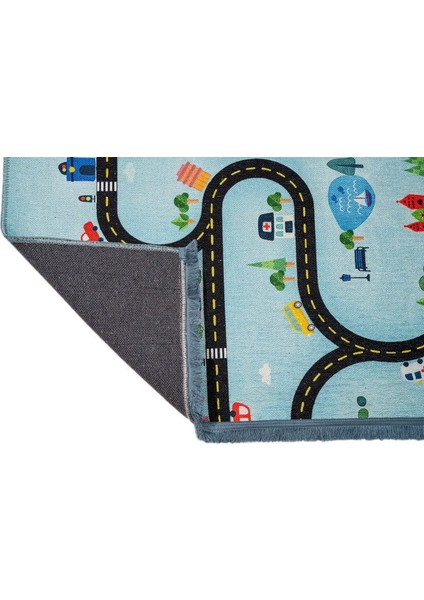 Almelo Çocuk Mavi Polyester Dikdörtgen Modern Desenli Pamuk Makinada Yıkanabilir Hav Toz Vermez Leke Tutmayan Kaymaz Taban Dijital Makine Baskı Salon Yolluk Mutfak Halı fırsatları