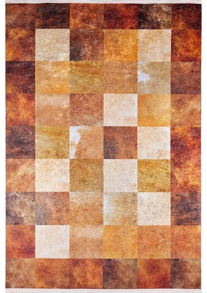 Pekin Turuncu Patchwork Etnik Modern Desenli Makinada Yıkanabilir Hav Toz Vermez Leke Tutmayan Kaymaz Taban Dijital Makine Baskı Salon Yolluk Mutfak Halı