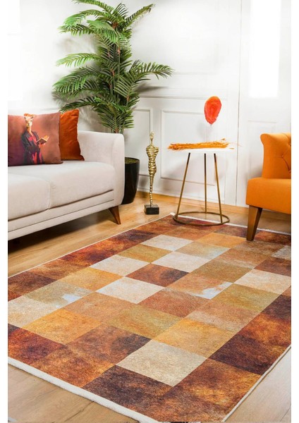 Pekin Turuncu Patchwork Etnik Modern Desenli Makinada Yıkanabilir Hav Toz Vermez Leke Tutmayan Kaymaz Taban Dijital Makine Baskı Salon Yolluk Mutfak Halı modelleri