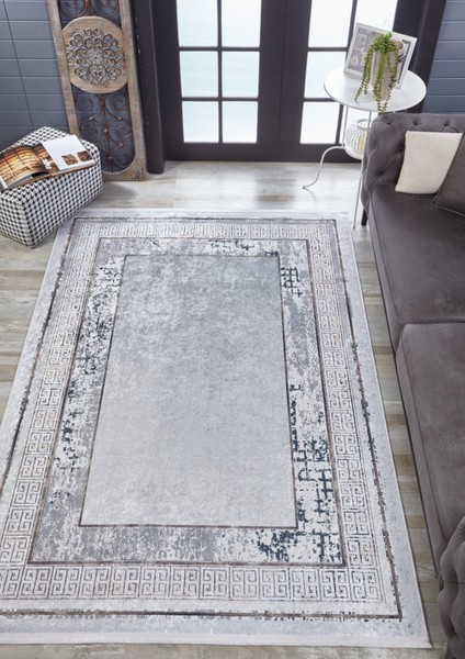 Karaci Gri Çerçeveli Etnik Modern Desenli Makinada Yıkanabilir Hav Toz Vermez Leke Tutmayan Kaymaz Taban Dijital Makine Baskı Salon Yolluk Mutfak Halı fiyatları
