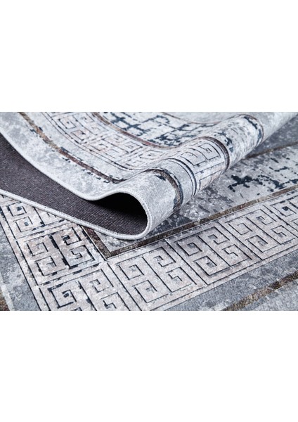 Karaci Gri Çerçeveli Etnik Modern Desenli Makinada Yıkanabilir Hav Toz Vermez Leke Tutmayan Kaymaz Taban Dijital Makine Baskı Salon Yolluk Mutfak Halı fırsatları