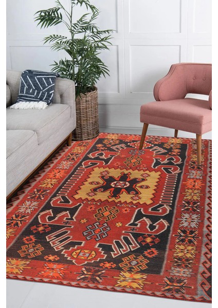 Gamboa Klasik Kırmızı Polyester Dikdörtgen Modern Desenli Pamuk Makinada Yıkanabilir Hav Toz Vermez Leke Tutmayan Kaymaz Taban Dijital Makine Baskı Salon Yolluk Mutfak Halı