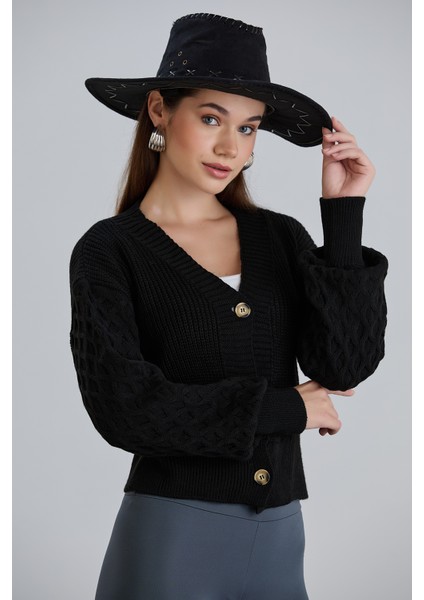 Kadın Balon Kol Örgü Desenli Crop Triko Hırka