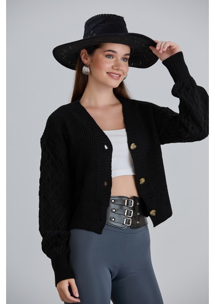 Kadın Balon Kol Örgü Desenli Crop Triko Hırka modelleri