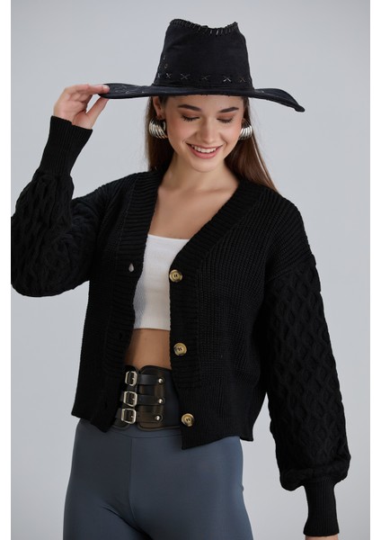 Kadın Balon Kol Örgü Desenli Crop Triko Hırka fırsatları