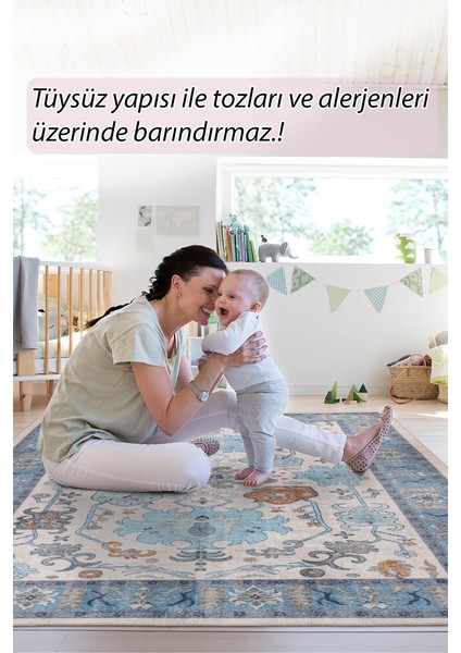 Makarska Çerçeveli Mavi Polyester Dikdörtgen Modern Desenli Pamuk Makinada Yıkanabilir Hav Toz Vermez Leke Tutmayan Kaymaz Taban Dijital Makine Baskı Salon Yolluk Mutfak Halı modelleri