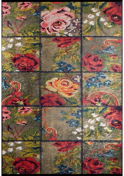 Manitoba Yeşil Patchwork Etnik Modern Desenli Makinada Yıkanabilir Hav Toz Vermez Leke Tutmayan Kaymaz Taban Dijital Makine Baskı Salon Yolluk Mutfak Halı