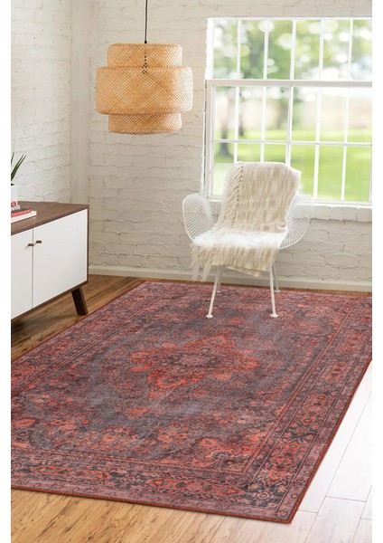 Anakao Klasik Kırmızı Polyester Daire Modern Desenli Pamuk Makinada Yıkanabilir Hav Toz Vermez Leke Tutmayan Kaymaz Taban Dijital Makine Baskı Salon Yolluk Mutfak Halı