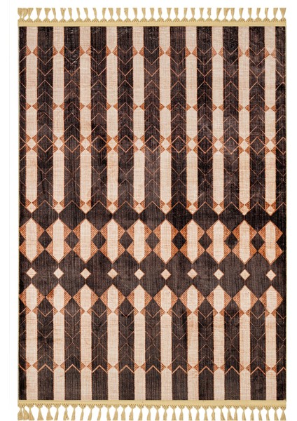 Prithvi Kahverengi Modern Etnik Desenli Kadife Makinada Yıkanabilir Hav Toz Vermez Leke Tutmayan Kaymaz Taban Dijital Makine Baskı Salon Yolluk Mutfak Halı