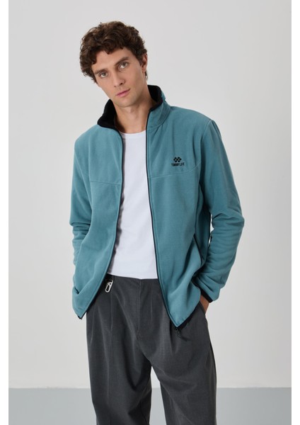 Mint Yeşili Yazı Nakışlı Dik Yaka Fermuarlı Standart Kalıp Erkek Sweatshirt Polar - 87992 fiyatları