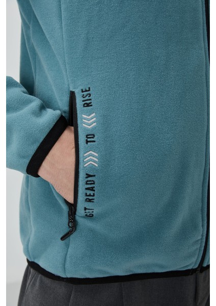 Mint Yeşili Yazı Nakışlı Dik Yaka Fermuarlı Standart Kalıp Erkek Sweatshirt Polar - 87992 modelleri