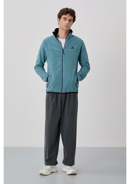 Mint Yeşili Yazı Nakışlı Dik Yaka Fermuarlı Standart Kalıp Erkek Sweatshirt Polar - 87992 fırsatları