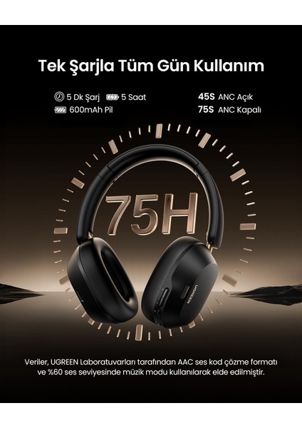 HiTune Max5cHibrit Aktif Gürültü Engelleyici Kablosuz Kulak Üstü Kulaklık, Siyah, 35757