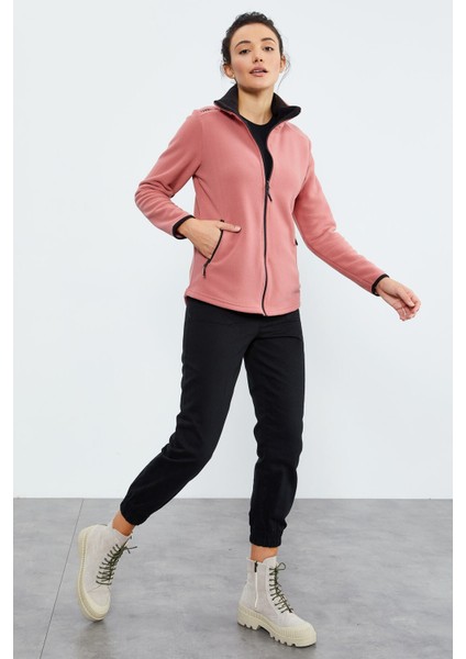 Yaban Gülü Dik Yaka Fermuarlı Rahat Form Kadın Polar Sweatshirt - 97173 fırsatları