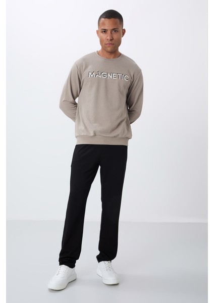Camel Yazı Nakışlı O Yaka Rahat Form İçi Polarlı Erkek Sweatshirt - 88020 modelleri