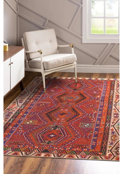 Anse Lazio Yöresel Kırmızı Polyester Daire Modern Desenli Pamuk Makinada Yıkanabilir Hav Toz Vermez Leke Tutmayan Kaymaz Taban Dijital Makine Baskı Salon Yolluk Mutfak Halı