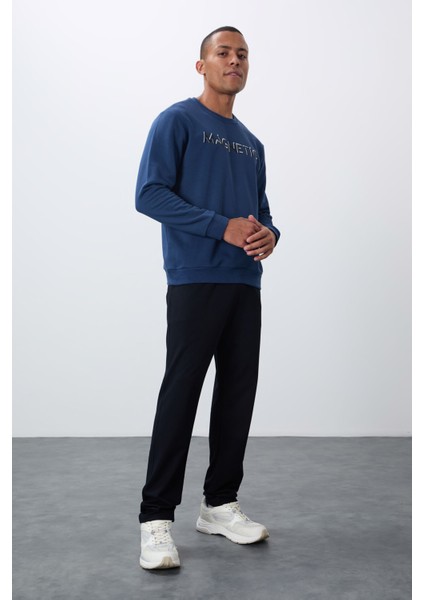 İndigo Yazı Nakışlı O Yaka Rahat Form İçi Polarlı Erkek Sweatshirt - 88020 modelleri