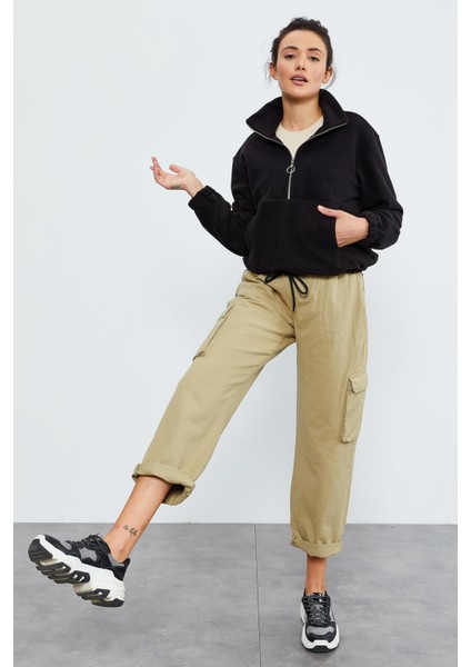 Siyah Yarım Fermuar Etek Ucu Büzgülü Kadın Polar Oversize Sweatshirt - 97171 fiyatları