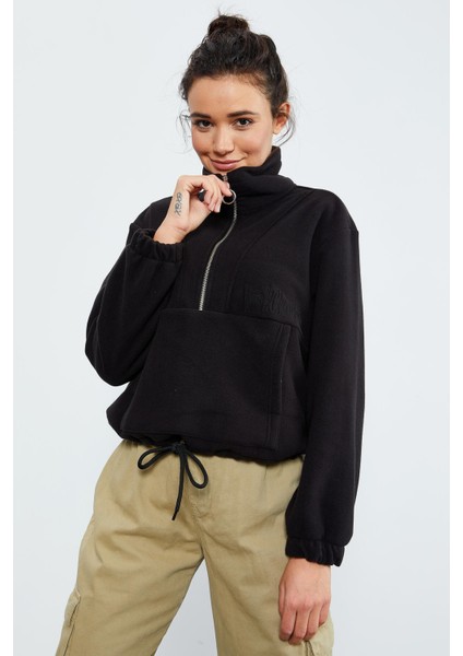 Siyah Yarım Fermuar Etek Ucu Büzgülü Kadın Polar Oversize Sweatshirt - 97171 indirimleri